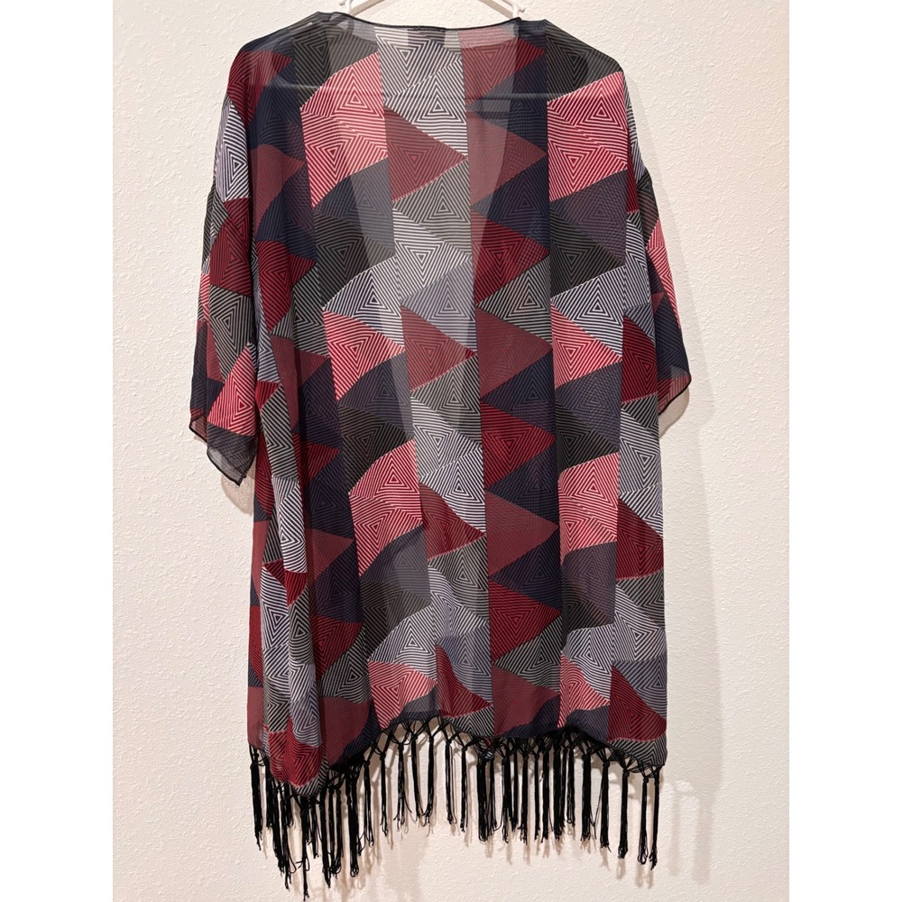 LuLaRoe Geometric Print Kimono Cardigan L Cover Up Fringe Bohemian Festival - Picture 5 of 12